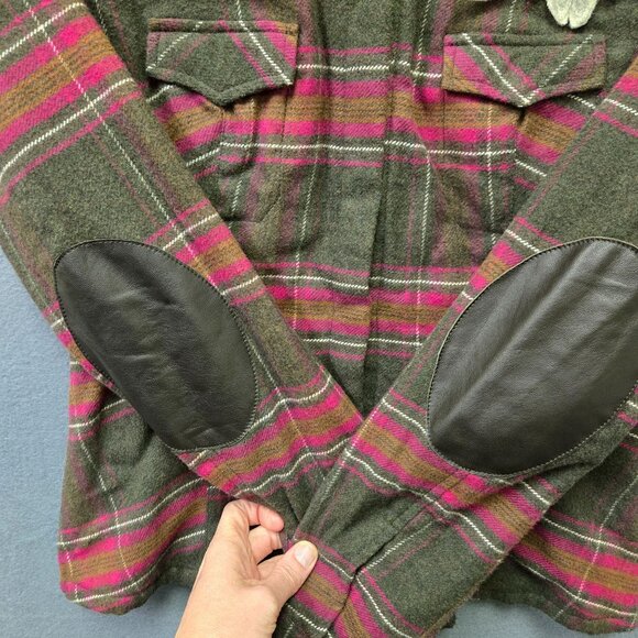 Authier Womens Brown Pink Plaid Flannel Shirt Jacket Quilted Lining Leather Elbo - Picture 8 of 11